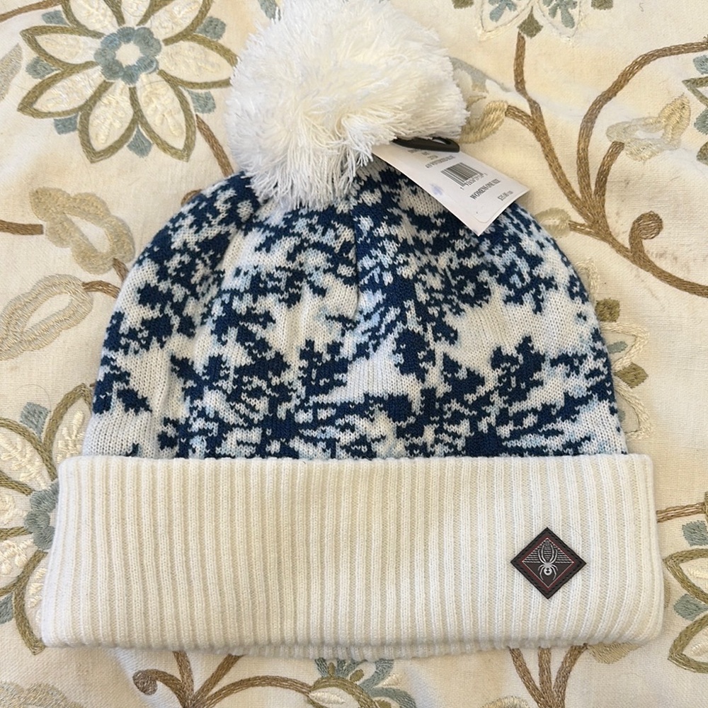 Blue and White Spyder Beanie with Pom